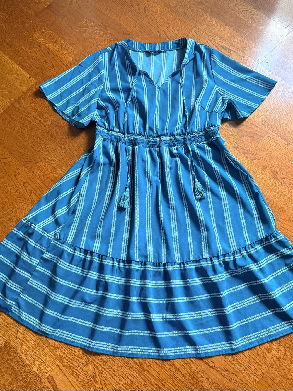 BloomChic Teal and White Striped Midi Dress - Picture 4 of 7